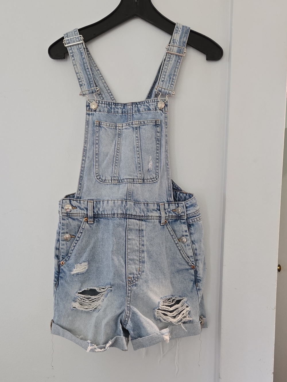 H&M Light Blue Distressed Denim Short Overalls